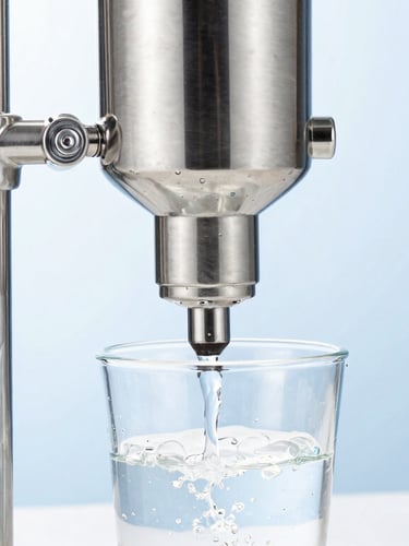 Crisp studio shot of a stainless steel gravity-fed water filtration system, water pouring into a clean glass, bright daylight, 50mm