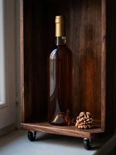 Tight editorial crop of a rich walnut wine trolley tucked elegantly into a narrow alcove under low-key dramatic window light, 35mm.