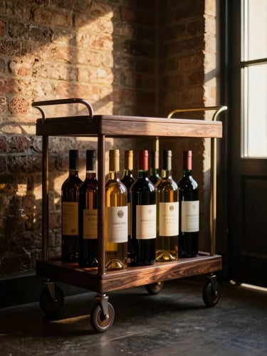 A rolling walnut wine trolley tucked elegantly into a narrow brick alcove, dramatic golden-hour window light reflecting off bottles, shallow depth of field