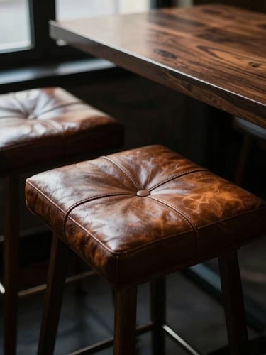 Close-up of hand-stitched leather bar stools pulled up to a compact dining set, low-key moody lighting casting long shadows, 35mm