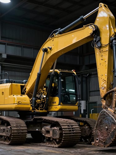 Low-angle dramatic shot of a massive Caterpillar yellow excavator in a dark industrial workshop, sharp metallic reflections, 35mm photography