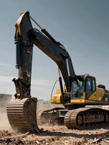 Dynamic low-angle shot of a massive Caterpillar excavator active in a dusty field, dramatic sunlight piercing through dust, dark metallic tones with sharp yellow accents, gritty industrial 35mm photography