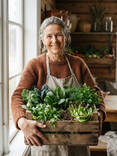 Close-up environmental portrait of a local farmer holding a wooden crate of fresh organic greens, soft natural window light, warm earthy tones.