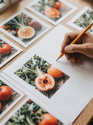 Overhead flat-lay of a creative content planning session for a food market, with color palettes, printed photos of fresh produce, and a hand holding a pencil.