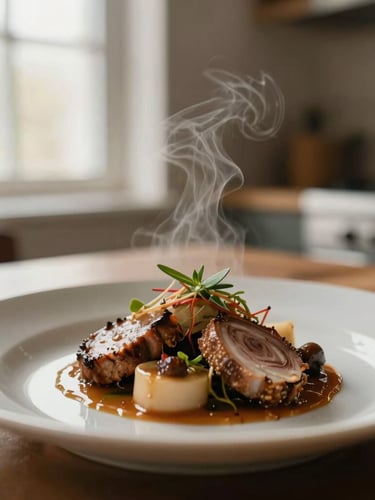 Close-up macro shot of a chef plating a seasonal dish in a warm-lit kitchen, steam rising, soft natural window light, rich earthy tones, shallow depth of field