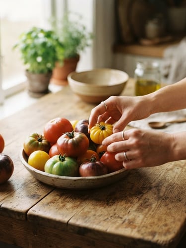 Hands arranging fresh heirloom tomatoes on a rustic wooden table in a warm-lit kitchen, soft natural window light, Scandinavian aesthetic.