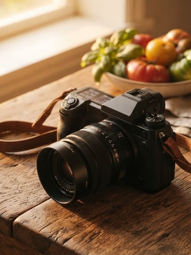 Close-up of a high-end camera setup on a rustic wooden table, warm golden-hour window light illuminating raw heirloom tomatoes and fresh basil in the background, shallow depth of field, warm editorial photography.