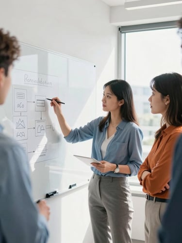 A collaborative team strategy session around a physical whiteboard in a sunlit office, team members discussing a layout, high-key natural lighting.