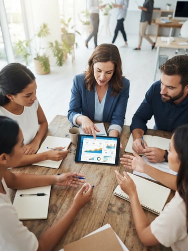 Overhead shot of a modern collaborative marketing team analyzing a clean data dashboard on a tablet, bright natural office light, crisp blue and orange accents