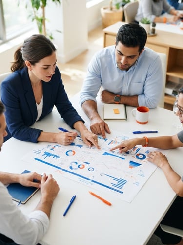Overhead shot of a collaborative marketing team analyzing a physical dashboard on a clean white desk, bright natural high-key window light, cobalt blue and sharp orange accents, shallow depth of field