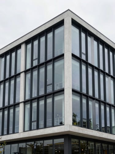 Architectural detail of a modern business park in Colchester, clean lines, overcast daylight, professional editorial style, 35mm lens