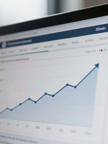 Close-up of an analytical dashboard showing positive growth trends, crisp UI, natural overcast UK daylight, editorial business photography, 35mm lens