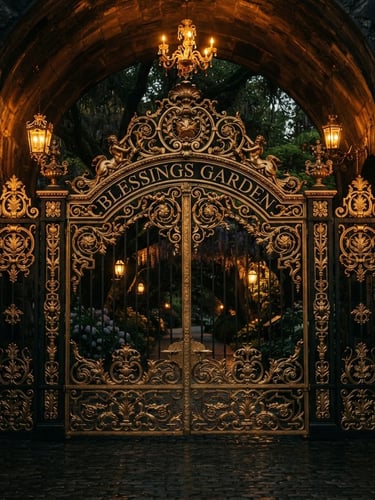 Dramatic editorial photography of the majestic golden gates of Blessings Garden, warm evening light, deep black shadows, cinematic wide-angle
