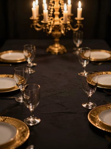Dramatic editorial close-up of gilded details, gold-rimmed tableware, and flickering candlelight against deep black tablecloths.