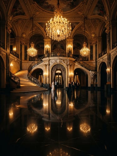 A dramatic wide-angle shot of a grand palace entrance, warm golden chandelier light reflecting on polished black marble floors, deep shadows, cinematic editorial photography