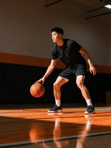 Gritty athletic photography, low-angle shot of a basketball player mid-drill under high-contrast indoor court lighting, deep shadows, orange reflections.