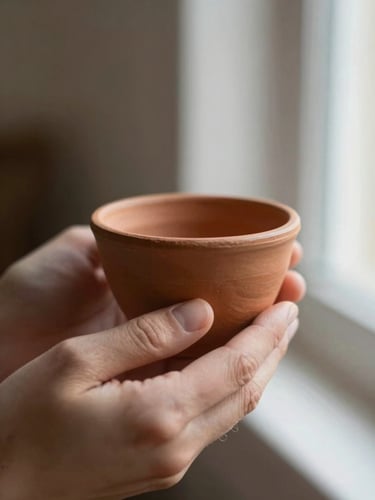 Macro close-up of soft human hands gently holding a raw terracotta incense holder, warm morning window light, muted earthy tones, shallow depth of field, 35mm