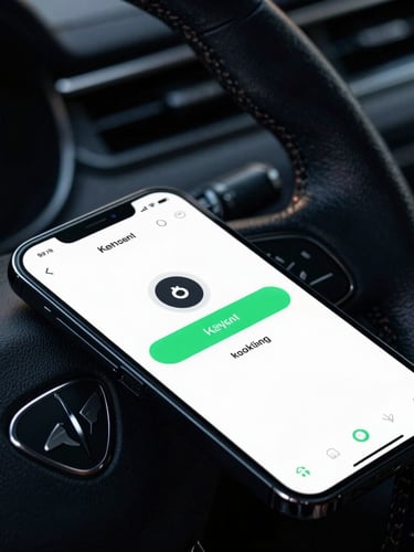 Macro close-up of a premium leather steering wheel and a smartphone displaying a sleek keyless booking app, dark cool-toned cockpit lighting, 35mm.