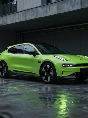 Sleek electric luxury vehicle parked inside a hyper-modern residential garage, dramatic low-key lighting with sharp lime green reflections on the concrete floor, 35mm.