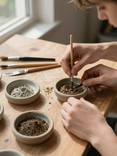Close-up overhead of student hands mixing earthy pigments in small ceramic dishes on a wooden studio table, natural daylight from a north-facing window casting soft shadows, brushes and a palette knife arranged to the side