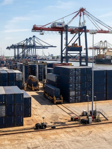 Sharp editorial photography of modern shipping port infrastructure under bright architectural daylight, deep navy containers, warm sand-toned concrete, crisp 35mm lens