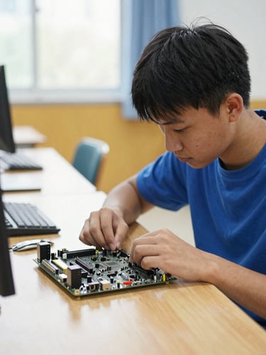 Student intently working on an open computer motherboard in a well-lit classroom, hands-on, focus on components, natural daylight.