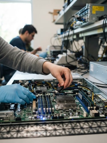 Student hands configuring a server motherboard in a well-lit lab, crisp focus, cool blue LED accents, 35mm lens.