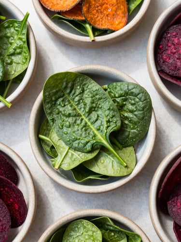 Overhead flat-lay of vibrant green spinach chips and deep red beetroot chips in handmade ceramic bowls, bright natural Mumbai daylight, 35mm.