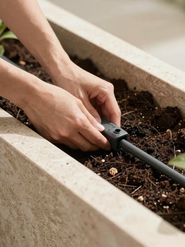 Close-up of clean hands installing a sub-irrigation system in a minimalist travertine planter, rich dark soil, soft natural light, precise architectural details.