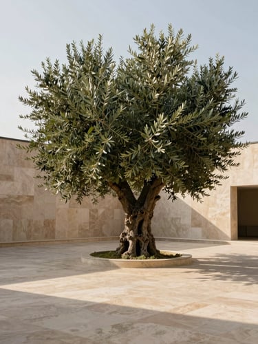 A towering mature olive tree positioned inside a minimalist travertine courtyard, soft afternoon sun casting long shadows, architectural wide shot, medium format.