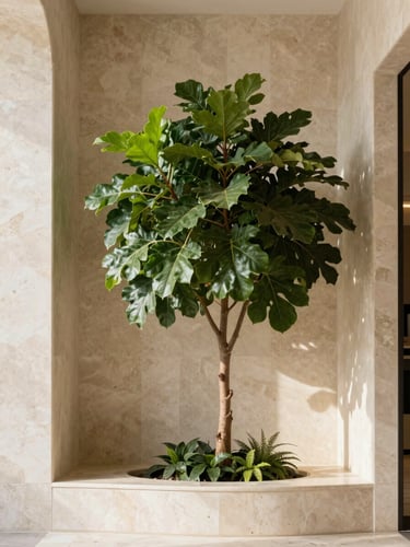 A mature architectural plant integrated into a luxury minimalist interior with travertine walls, bright soft natural light, medium format