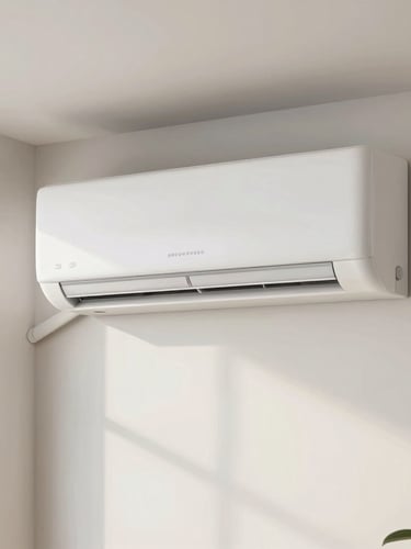 Close-up of a modern wall-mounted air conditioning unit perfectly integrated into a clean, minimalist French living room, natural daylight, architectural straight-on shot.