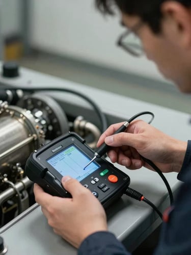 Vue rapprochée d'un technicien qualifié mesurant la pression d'un circuit frigorifique de climatisation avec un manomètre de précision, lumière naturelle de biais.