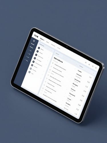 Minimalist isometric 3D render of a clean software dashboard interface on a tablet screen, crisp studio lighting, cool tech-blue and slate tones, sharp focus.