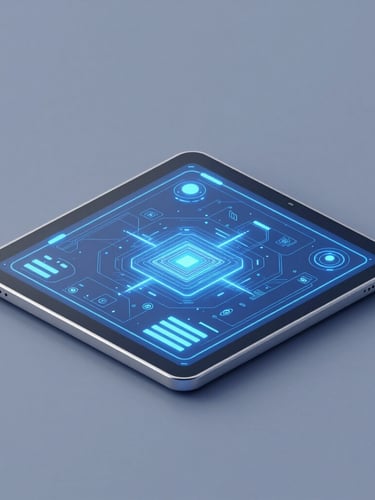 Isometric 3D render of a glowing digital blueprint interface on a tablet, cool blue and slate tones, crisp studio lighting, sharp focus