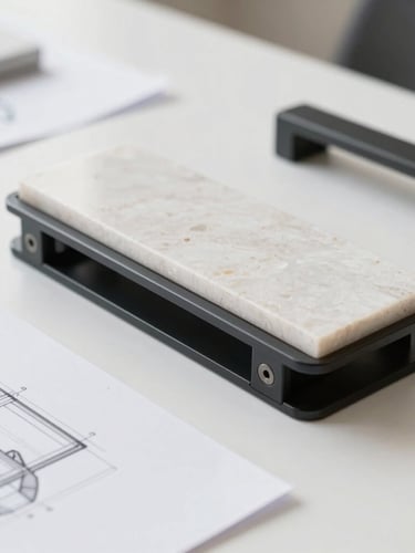 Close-up of premium interior materials, quartz sample, matte black metal hardware, and technical architectural drawings on a clean white desk, bright natural light