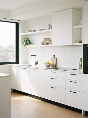 Sleek high-key modular kitchen, pure white cabinetry, matte black hardware, bright morning light streaming through a side window, 35mm architectural photography.