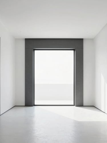 Sleek minimalist living room in Ranchi, bright high-key natural light, white walls, charcoal accents, large window showing spatial flow