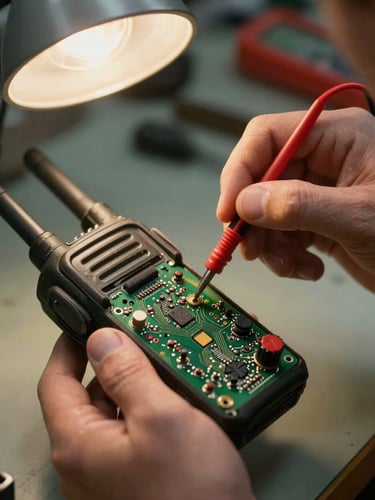 Extreme close-up, workbench documentary shot: a technician's hands holding open a Motorola two-way radio chassis, probing circuit board contacts with a multimeter lead, warm tungsten bench lamp casting directional light from the upper left, solder joints and component traces sharply in focus, blurred parts tray visible in background, no faces