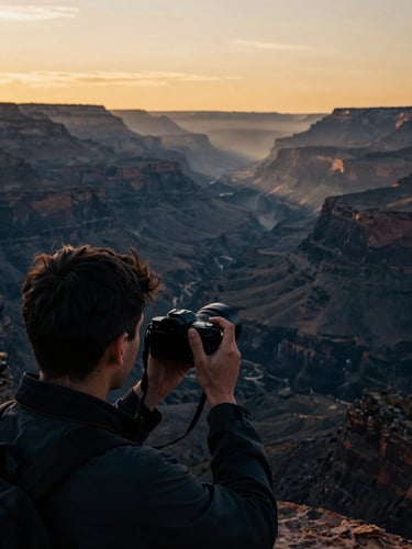 POV shot from behind a male travel photographer holding a camera, looking out over a dramatic misty canyon at sunrise. The scene is desaturated with deep navy tones and warm golden highlights.