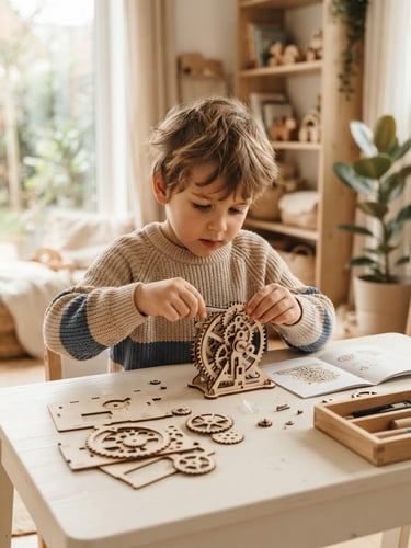 A child deeply focused on assembling a wooden gear kit on a clean cream desk, soft natural window light, Work Sans typography on the box, premium feel