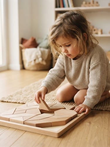 A focused child connecting smooth wooden blocks of a geometric puzzle on a light-filled floor, soft natural daylight, warm editorial style.