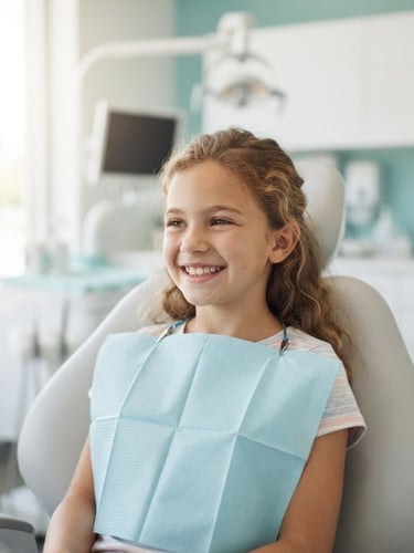 A confident, smiling young patient in a modern dental clinic, soft natural daylight, sterile white and teal tones, shallow depth of field, patient looking slightly off-camera to the left.