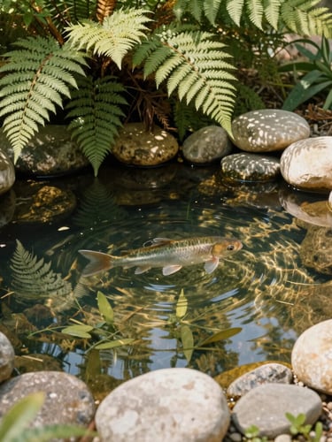 A serene natural fish pond surrounded by lush ferns and smooth river stones, clear water reflecting soft green leaves, warm daylight.