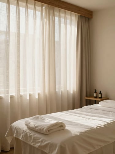 A peaceful private beauty treatment room with warm wooden accents, soft morning daylight filtering through linen curtains, warm cream tones, minimalist aesthetic, 35mm photography