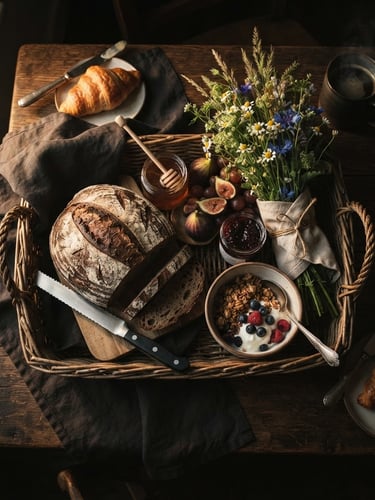 Moody overhead flatlay of an premium artisanal breakfast basket, fresh rustic sourdough bread, hand-tied local wildflowers, warm side window light, rich dark shadows, 50mm lens