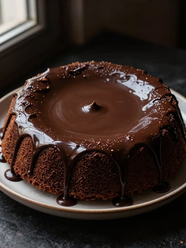 High-contrast overhead shot of a traditional Brazilian vulcão cake on a ceramic platter, rich chocolate ganache slowly dripping down the sides, warm side light, moody shadows