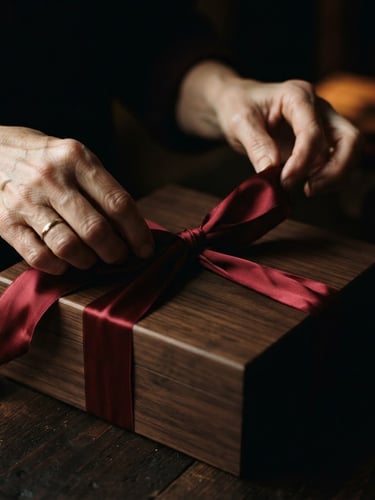Moody close-up of hands tying a deep crimson silk ribbon around a dark wooden gift box, warm side lighting, rich shadows, elegant and tactile