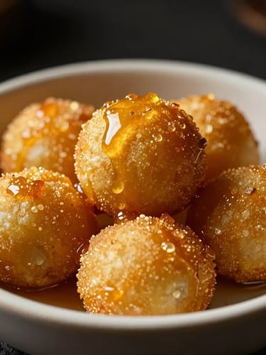Macro close-up of golden-fried loukoumades in a minimalist ceramic bowl, dramatic side-lighting, deep shadows, warm honey glaze.