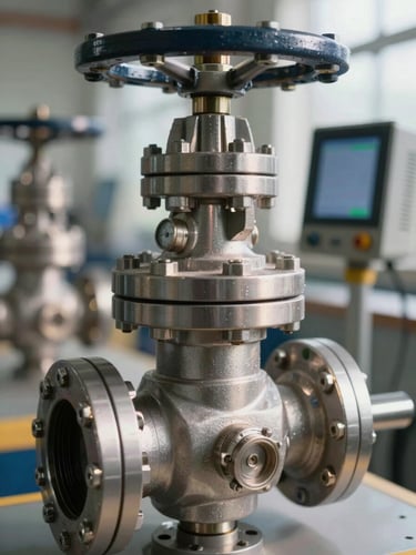 Extreme close-up of a heavy industrial flow-control valve and digital telemetry equipment on-site, crisp bright morning light reflecting on metallic surfaces, precise calibration dials visible, technical-industrial engineering focus.
